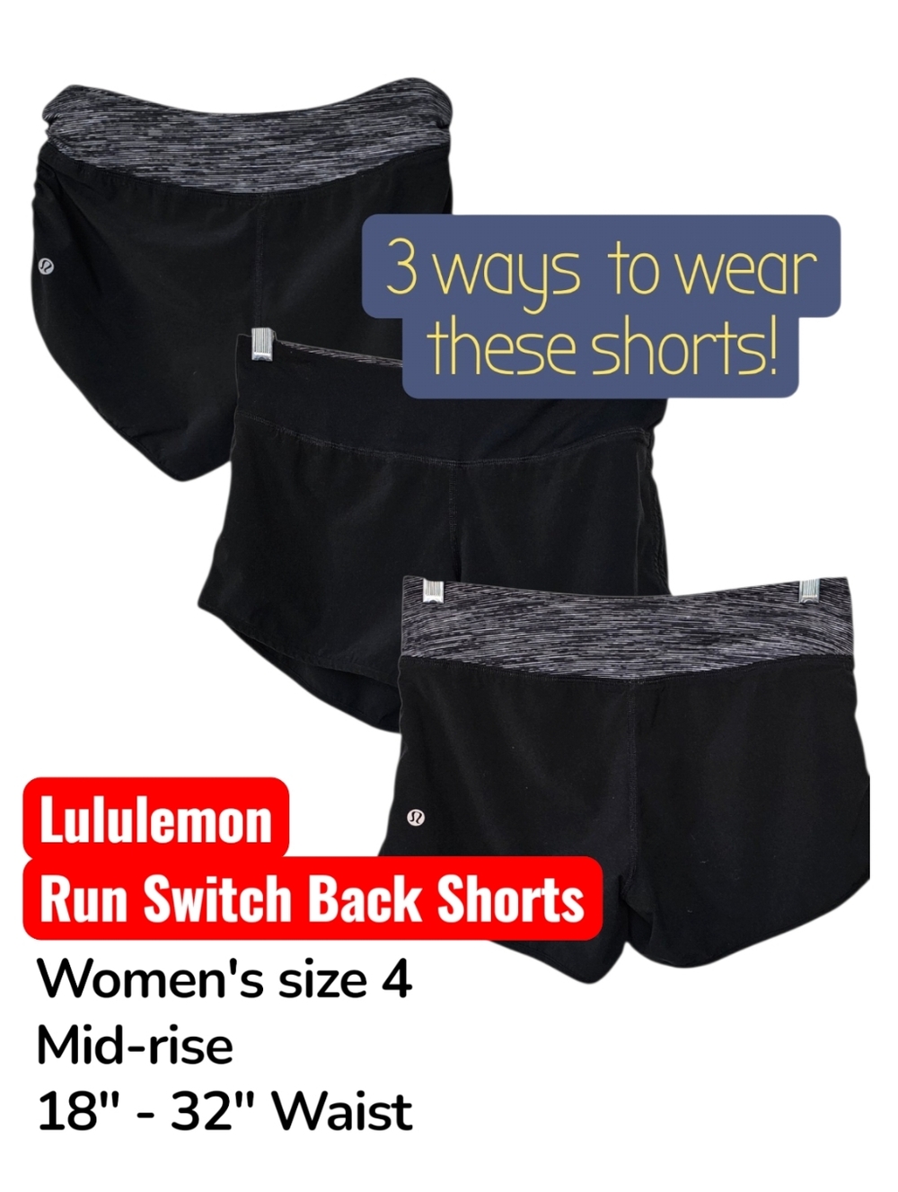 Lululemon Run Switch Back Shorts Space Black White Reversible Mid-rise women's 4